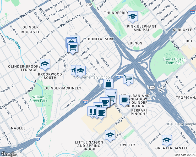 map of restaurants, bars, coffee shops, grocery stores, and more near 760 McLaughlin Avenue in San Jose