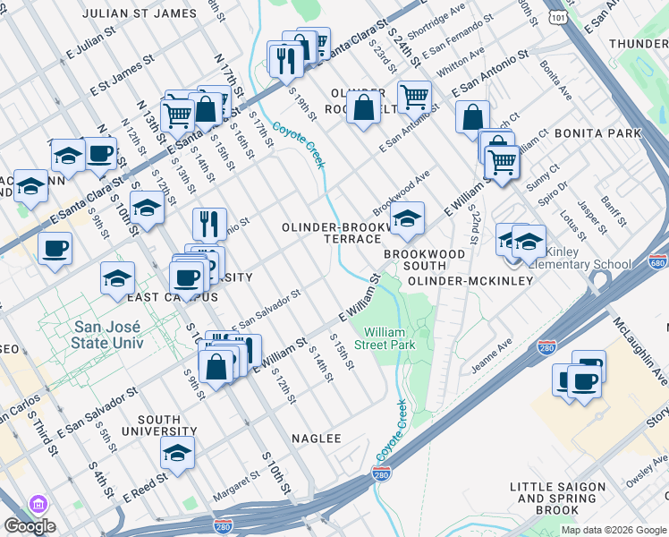 map of restaurants, bars, coffee shops, grocery stores, and more near 375 South 17th Street in San Jose