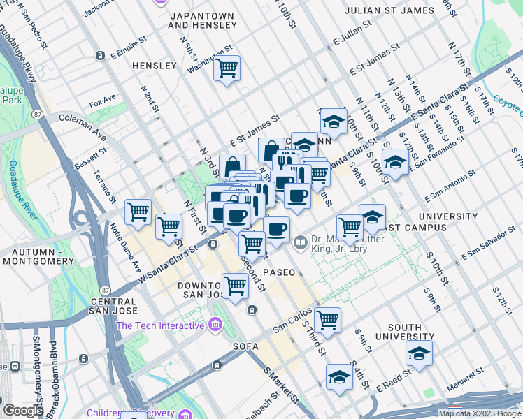 map of restaurants, bars, coffee shops, grocery stores, and more near 15 South 4th Street in San Jose