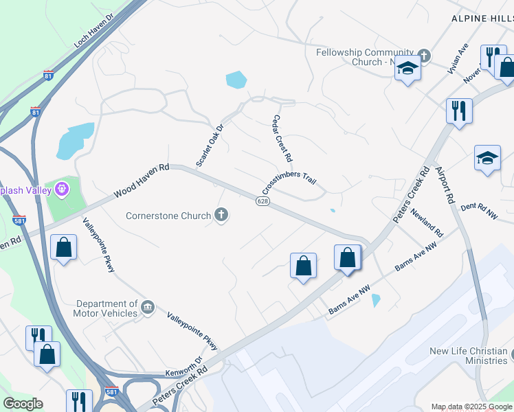 map of restaurants, bars, coffee shops, grocery stores, and more near 6920 Wood Haven Road in Hollins
