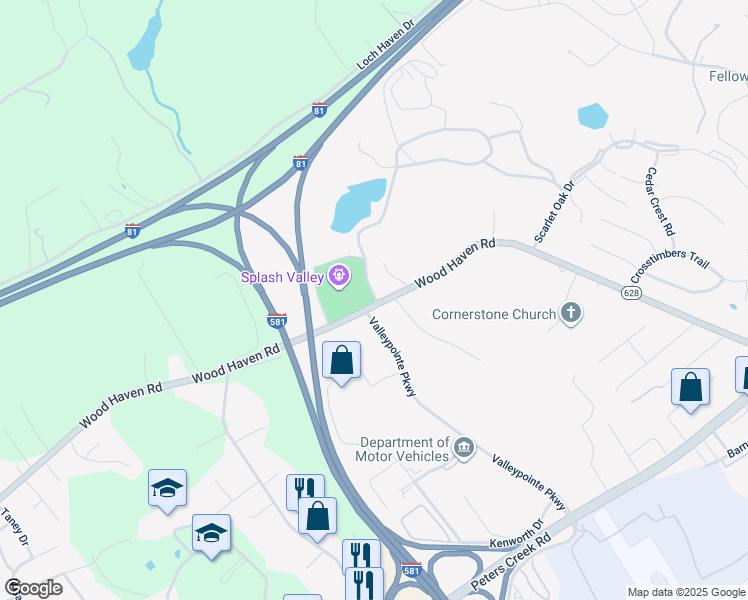 map of restaurants, bars, coffee shops, grocery stores, and more near 7315 Wood Haven Road in Hollins
