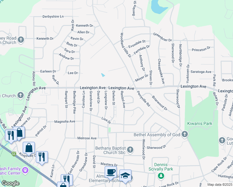 map of restaurants, bars, coffee shops, grocery stores, and more near 1970 Delwin Street in Cape Girardeau
