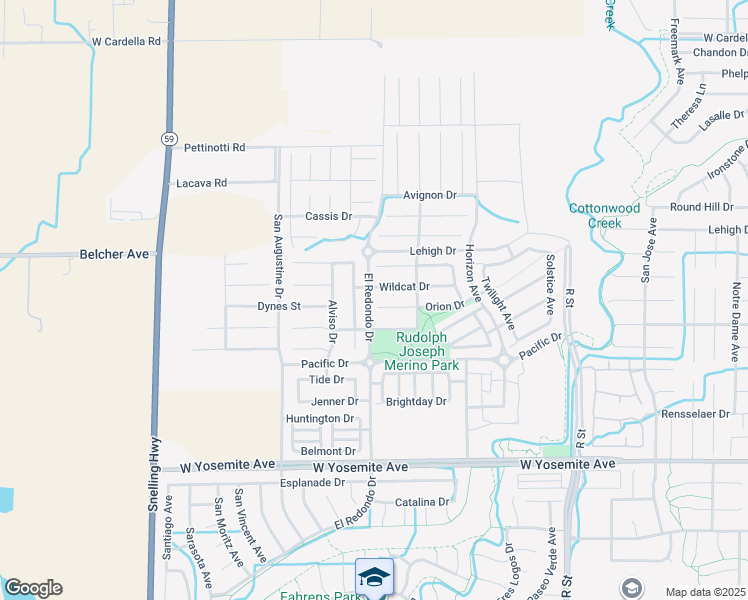 map of restaurants, bars, coffee shops, grocery stores, and more near 1297 Orion Court in Merced