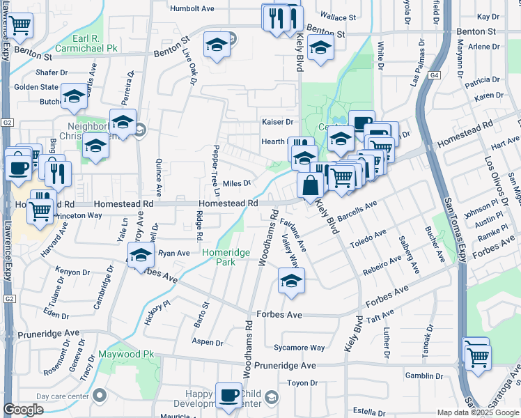 map of restaurants, bars, coffee shops, grocery stores, and more near 2905 Homestead Road in Santa Clara