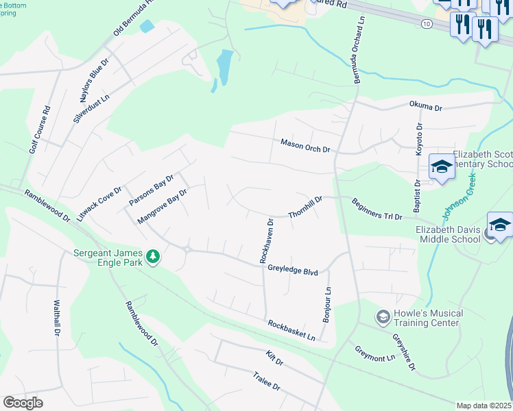 map of restaurants, bars, coffee shops, grocery stores, and more near 206 Thornhill Drive in Chester