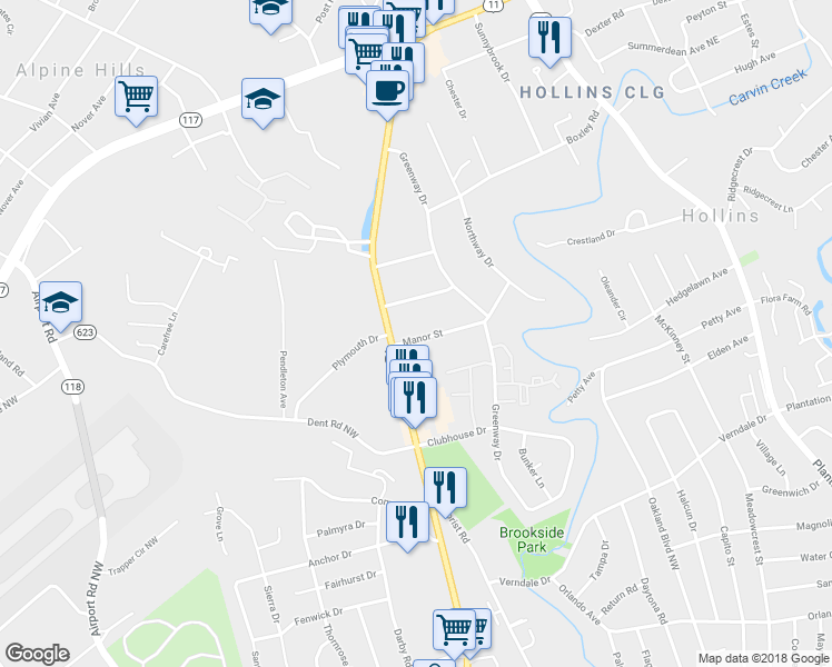 map of restaurants, bars, coffee shops, grocery stores, and more near 122 Manor Street in Roanoke