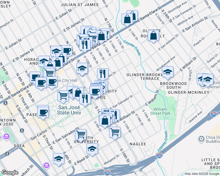 map of restaurants, bars, coffee shops, grocery stores, and more near 270 South 13th Street in San Jose