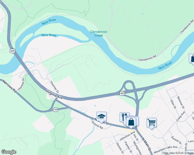 map of restaurants, bars, coffee shops, grocery stores, and more near 106 Deer Avenue in Pearisburg