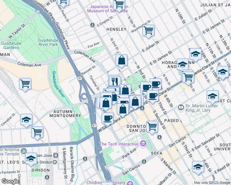 map of restaurants, bars, coffee shops, grocery stores, and more near 111 West Saint John Street in San Jose