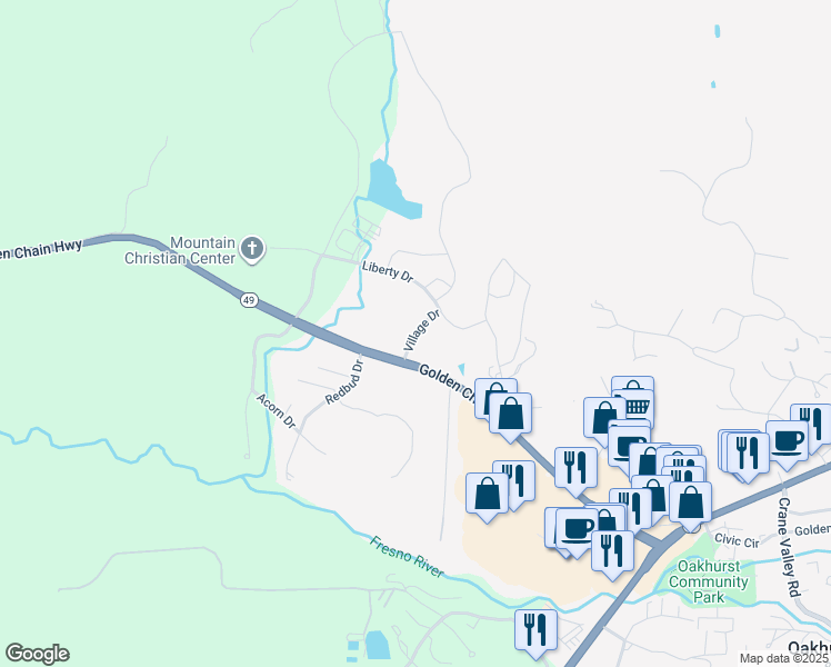 map of restaurants, bars, coffee shops, grocery stores, and more near Village Drive in Oakhurst