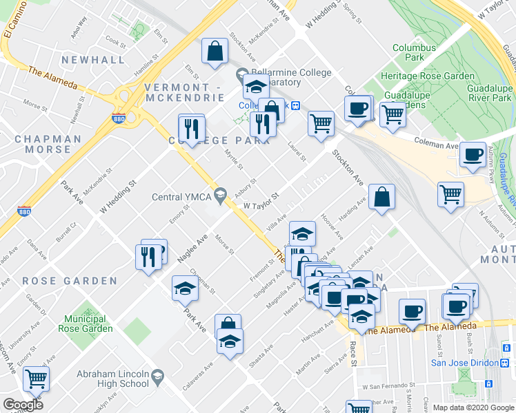 map of restaurants, bars, coffee shops, grocery stores, and more near 1020 W Taylor St in San Jose