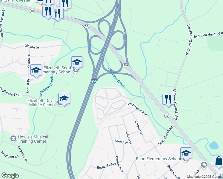 map of restaurants, bars, coffee shops, grocery stores, and more near 1512 River Tree Drive in Chester