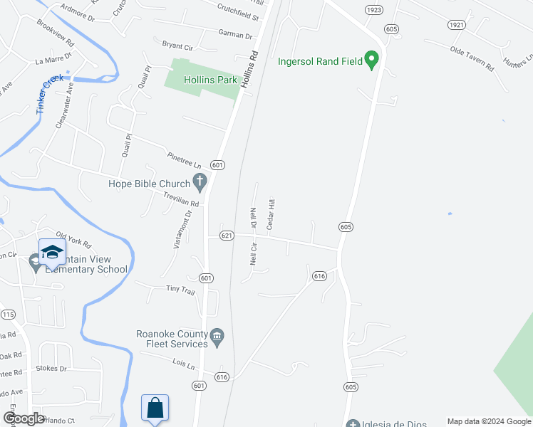map of restaurants, bars, coffee shops, grocery stores, and more near 1324 Cedar Hill in Roanoke