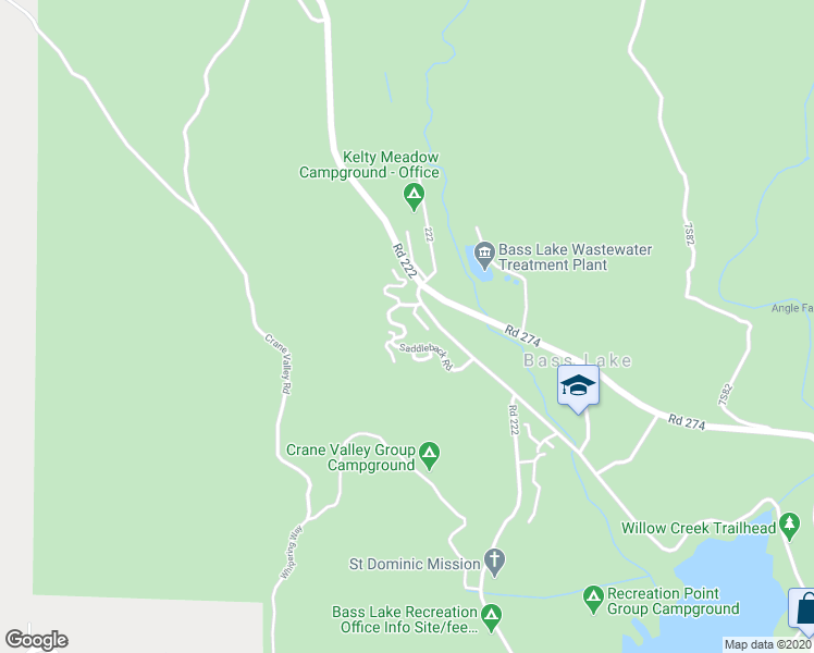 map of restaurants, bars, coffee shops, grocery stores, and more near 40603 Saddleback Road in Bass Lake