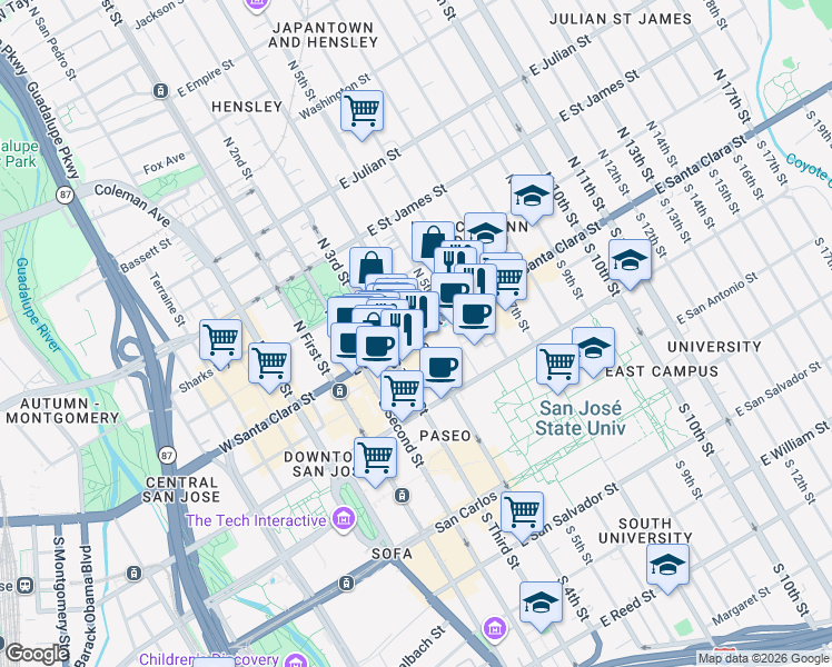 map of restaurants, bars, coffee shops, grocery stores, and more near 2 North 4th Street in San Jose