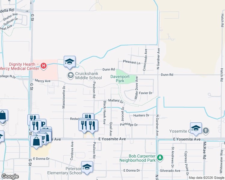 map of restaurants, bars, coffee shops, grocery stores, and more near 1121 Sprig Court in Merced