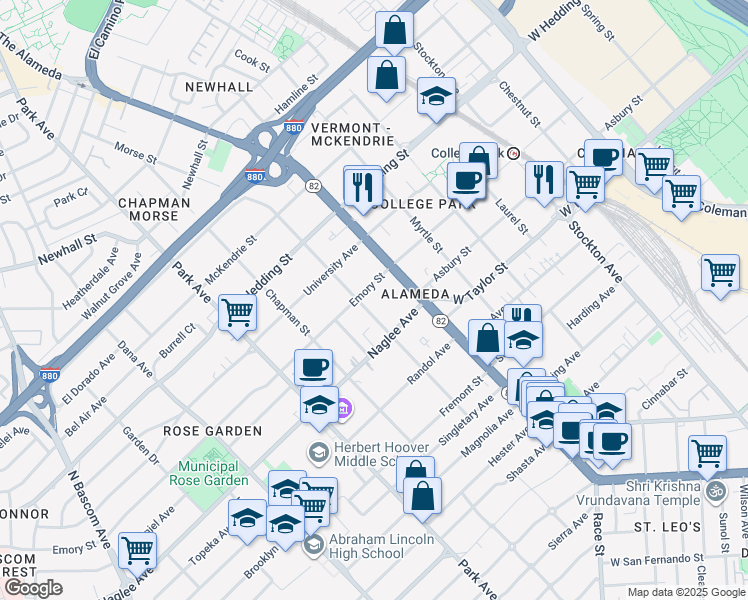 map of restaurants, bars, coffee shops, grocery stores, and more near 1190 Emory Street in San Jose
