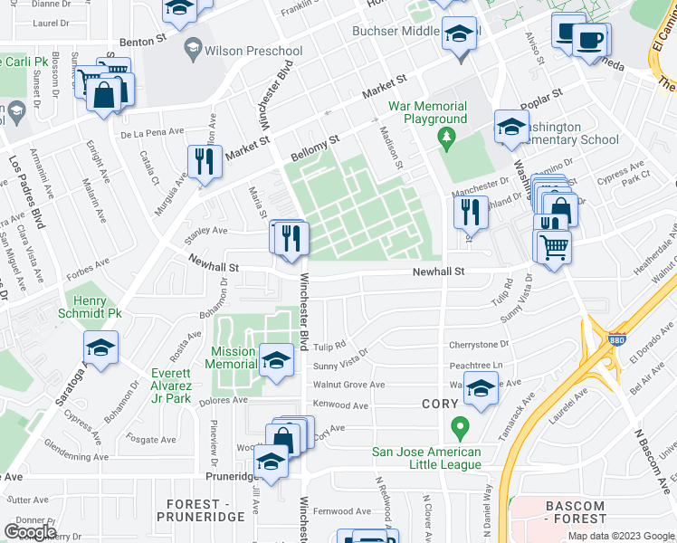 map of restaurants, bars, coffee shops, grocery stores, and more near 2441 Newhall Street in San Jose