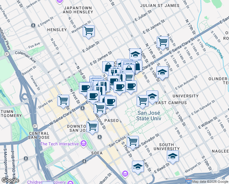 map of restaurants, bars, coffee shops, grocery stores, and more near in San Jose