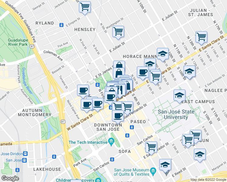 map of restaurants, bars, coffee shops, grocery stores, and more near 82 North 2nd Street in San Jose