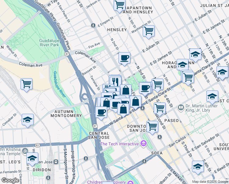 map of restaurants, bars, coffee shops, grocery stores, and more near 111 West Saint John Street in San Jose