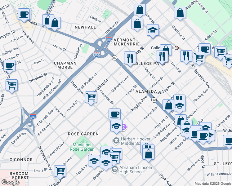 map of restaurants, bars, coffee shops, grocery stores, and more near 1257 University Avenue in San Jose
