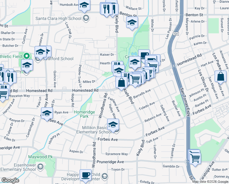 map of restaurants, bars, coffee shops, grocery stores, and more near 2875 Homestead Road in Santa Clara