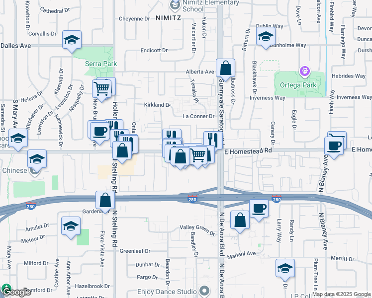 map of restaurants, bars, coffee shops, grocery stores, and more near 20689 West Homestead Road in Sunnyvale