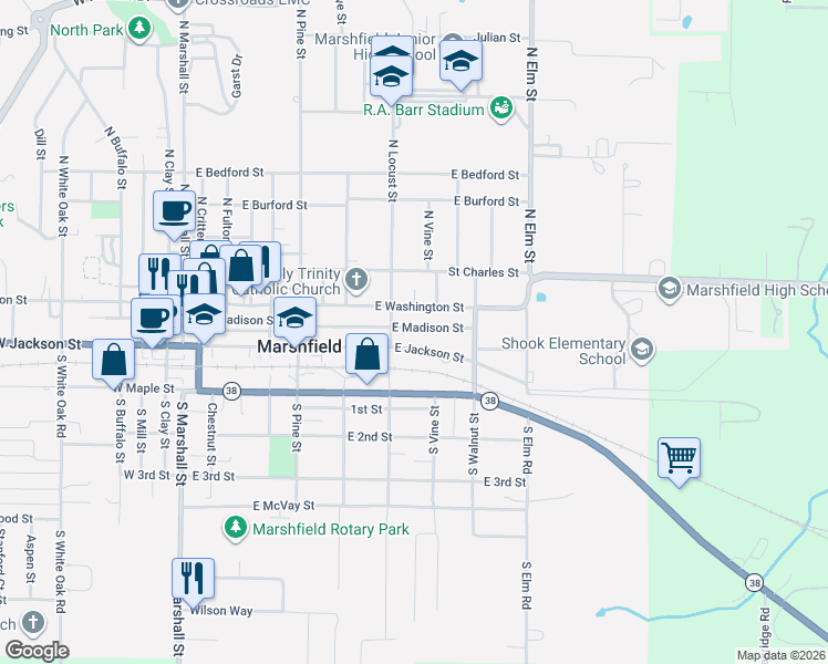 map of restaurants, bars, coffee shops, grocery stores, and more near 622 East Madison Street in Marshfield
