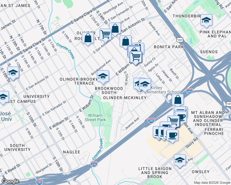 map of restaurants, bars, coffee shops, grocery stores, and more near 462 South 21st Street in San Jose