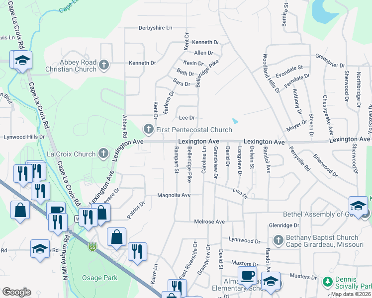 map of restaurants, bars, coffee shops, grocery stores, and more near 1953 Belleridge Pike in Cape Girardeau