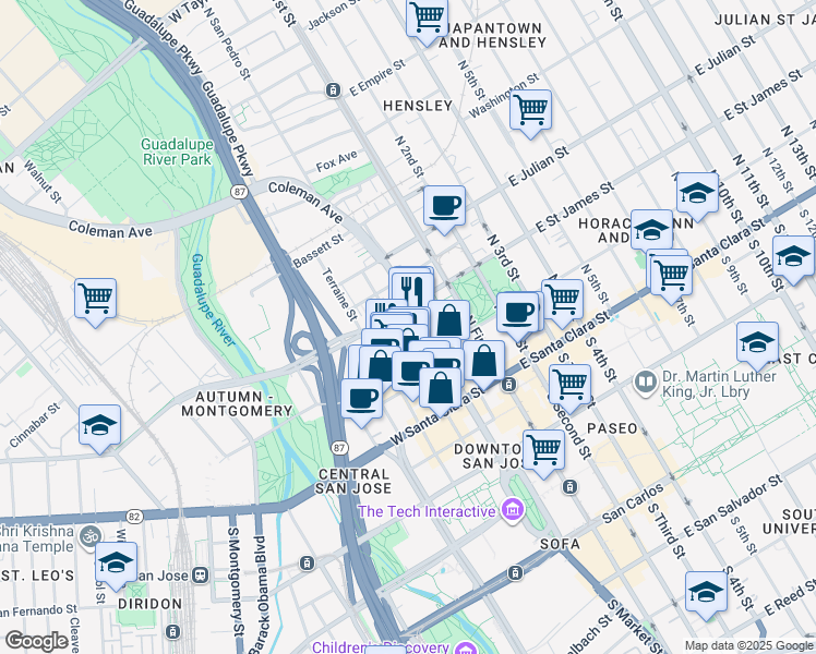 map of restaurants, bars, coffee shops, grocery stores, and more near 111 West Saint John Street in San Jose