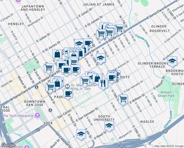 map of restaurants, bars, coffee shops, grocery stores, and more near 398 East San Fernando Street in San Jose