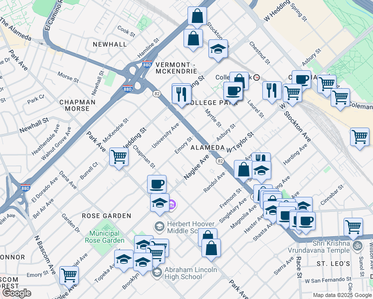 map of restaurants, bars, coffee shops, grocery stores, and more near 1190 Emory Street in San Jose