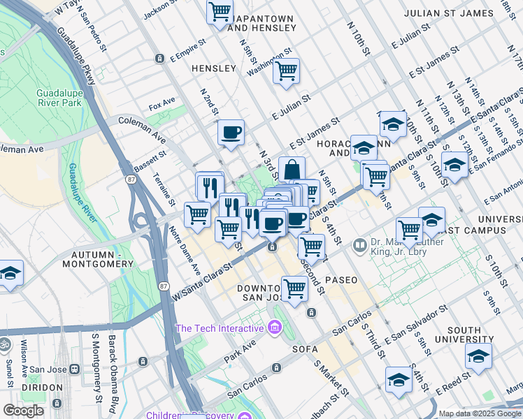 map of restaurants, bars, coffee shops, grocery stores, and more near 100 North 1st Street in San Jose