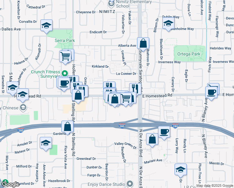 map of restaurants, bars, coffee shops, grocery stores, and more near 20689 West Homestead Road in Sunnyvale