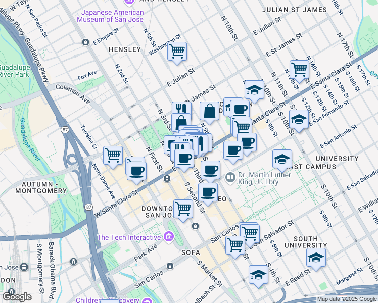map of restaurants, bars, coffee shops, grocery stores, and more near 30 North 3rd Street in San Jose
