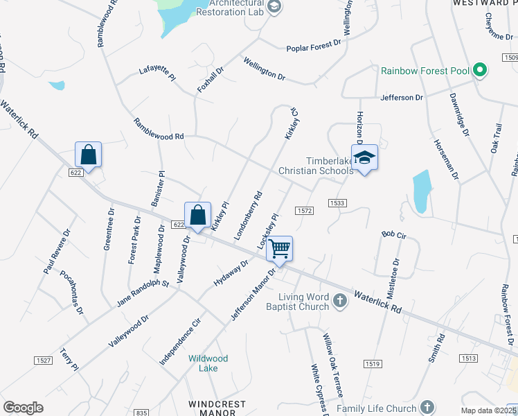 map of restaurants, bars, coffee shops, grocery stores, and more near 153 Londonberry Road in Forest