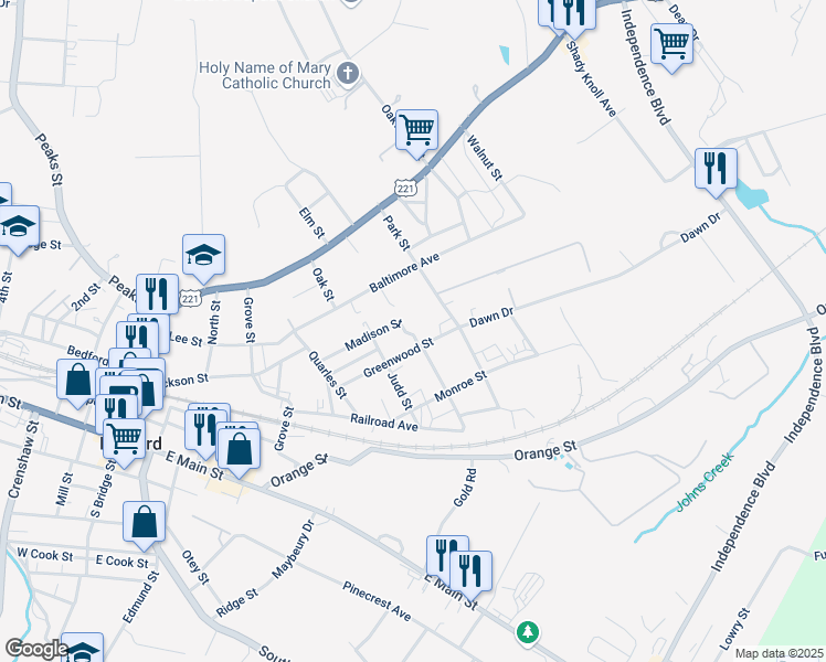 map of restaurants, bars, coffee shops, grocery stores, and more near 915 Greenwood Street in Bedford