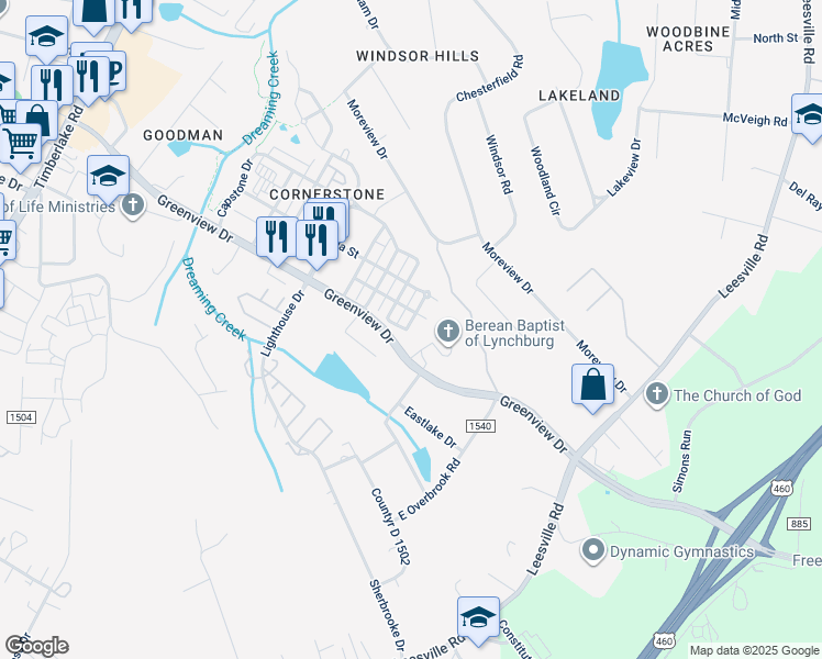 map of restaurants, bars, coffee shops, grocery stores, and more near 300 Meridian Street in Lynchburg