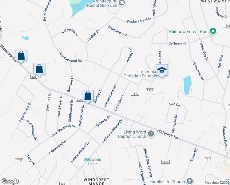 map of restaurants, bars, coffee shops, grocery stores, and more near 153 Londonberry Road in Forest
