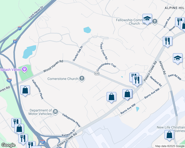 map of restaurants, bars, coffee shops, grocery stores, and more near 6914 Wood Haven Road in Roanoke