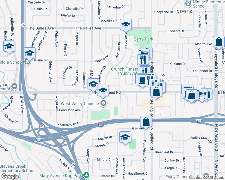 map of restaurants, bars, coffee shops, grocery stores, and more near 830 Louise Drive in Sunnyvale