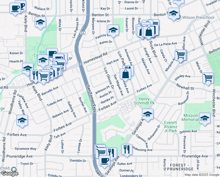 map of restaurants, bars, coffee shops, grocery stores, and more near 2416 Johnson Place in Santa Clara