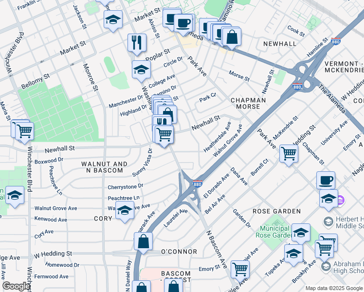 map of restaurants, bars, coffee shops, grocery stores, and more near 1 Washington Street in Santa Clara
