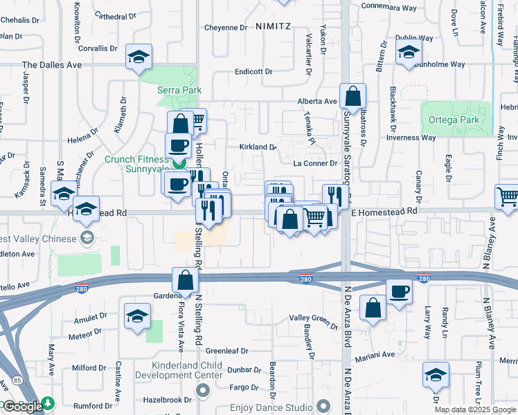 map of restaurants, bars, coffee shops, grocery stores, and more near 625 West Homestead Road in Sunnyvale