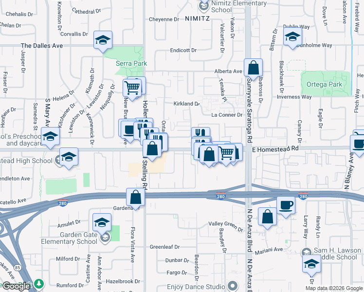 map of restaurants, bars, coffee shops, grocery stores, and more near 659 West Homestead Road in Sunnyvale