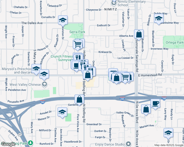 map of restaurants, bars, coffee shops, grocery stores, and more near 1699 Ontario Drive in Sunnyvale