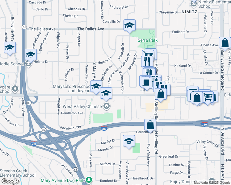 map of restaurants, bars, coffee shops, grocery stores, and more near 830 Louise Drive in Sunnyvale