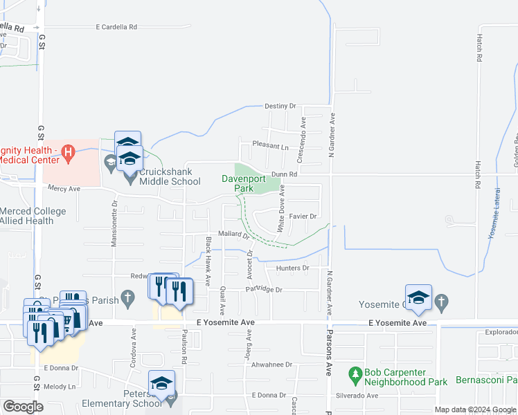 map of restaurants, bars, coffee shops, grocery stores, and more near 1343 Luke Drive in Merced